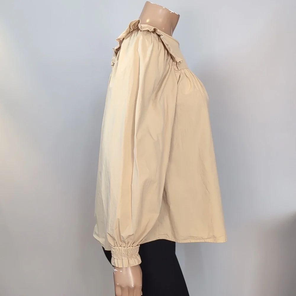 H&M Cream Ruffle Detail Blouse Womens Size Small Long Sleeve Smocked Cuffs - Picture 11 of 15